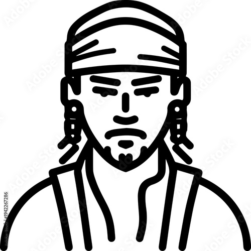 Hand Drawn Male Pirate Black and White Avatar Illustration in Minimal Line Art Style Design