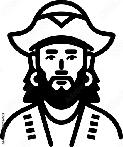 Hand Drawn Male Pirate Black and White Avatar Illustration in Minimal Line Art Style Design