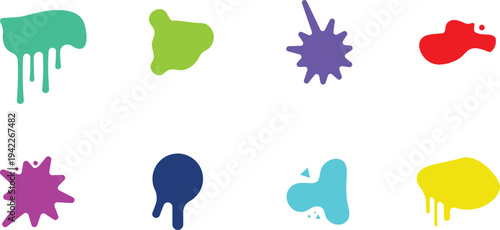 Vibrant colorful paint splatters and drips on white background