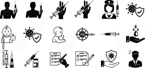 Solid and line icons for vaccination public health immunity protection medical syringes and clinical virus prevention services