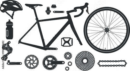 Solid black vector silhouettes of bicycle components including road bike frame wheel gears chain and safety helmet