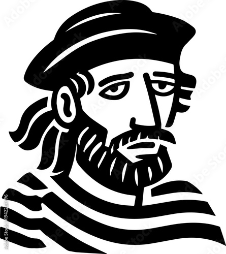 Hand Drawn Male Pirate Black and White Avatar Illustration in Minimal Line Art Style Design