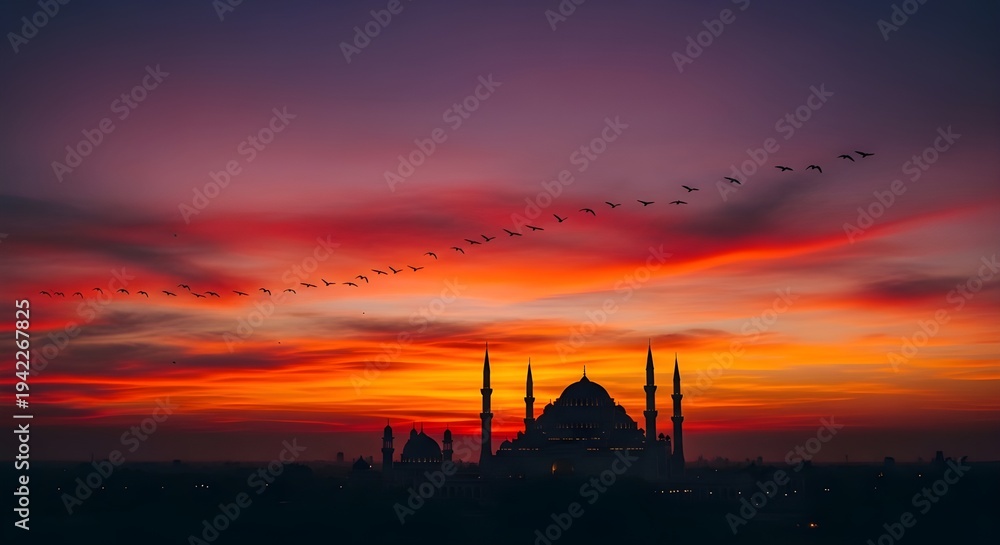 Fototapeta premium Silhouette of a Grand Mosque at Sunset with a Long V-Shaped Formation of Birds Flying Across a Vibrant Orange and Purple Evening Sky Islamic Architecture Landscape