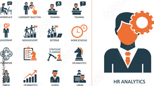 Two-tone icons for HR analytics strategic planning candidate selection workforce management and professional leadership development concepts