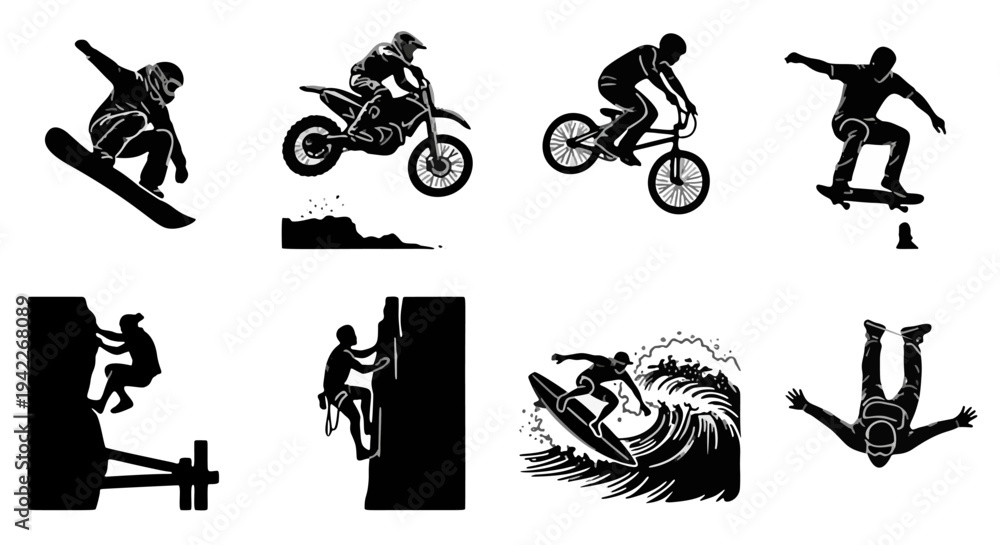 Fototapeta premium Dynamic Action Scenes Featuring Skateboarders, Motorcyclist, BMX Rider, Surfer Executing Tricks - Eight Silhouettes Against White Backdrop