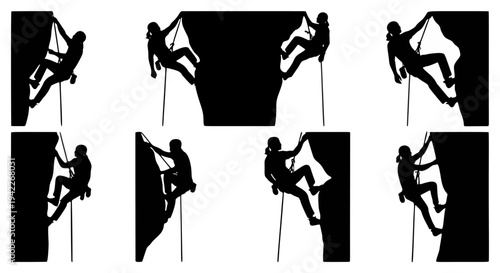 Seven Black-and-White Silhouettes of Climber in Dynamic Mid-Action Rock Climbing Graphic Showcasing Vertical Ascent, Energy, and Varied Positions on Rock Face