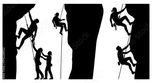 Black-and-White Silhouetted Climbers Ascending Cliff Face in Three Panels Depicting Stages with Team Support in Graphic Style