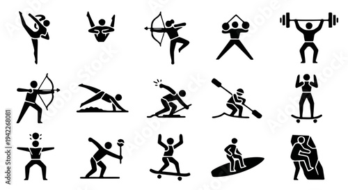 16 Black Stick Figures Depicting Diverse Sports and Physical Activities in Four Rows with Simple Graphics and Clean Composition