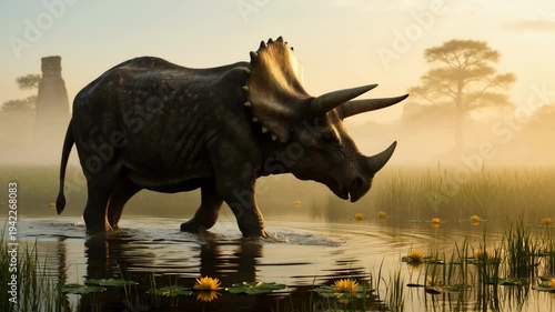 A large triceratops walks through a serene misty lake landscape with trees and vegetation at sunrise