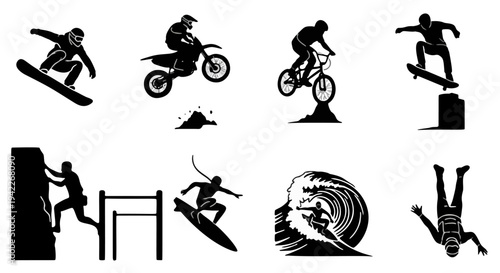 Action Sports Silhouette Collection Featuring Snowboarding, Motocross, Mountain Biking, Skateboarding, and Surfing in Dynamic Poses Arranged on White Background