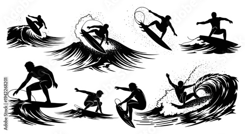 Stylized Surfers in Dynamic Ocean Wave Illustration with Exaggerated Motion and Bold Graphic Lines
