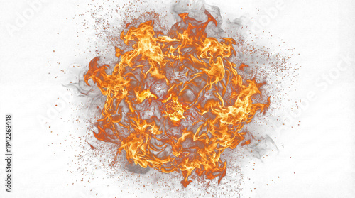 intense fireball explosion with fiery debris and smoke, dramatic 3d render depicting raw power and destructive energy on a black canvas