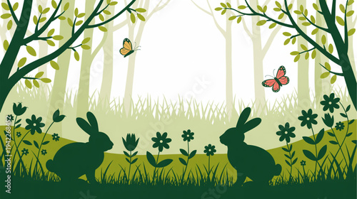 Vector illustration of two rabbits and butterflies in forest scene isolated on White Background