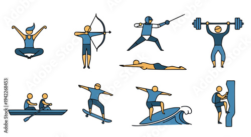 Dynamic Cartoon Illustrations of Nine Physical Activities Featuring Yoga Poses, Lunge, Rowing, Balance Board, and Skateboard in Simulated Sports Context
