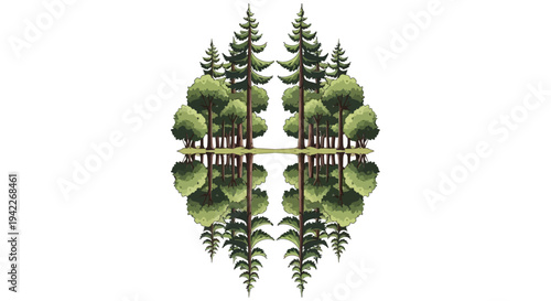 Illustration of a symmetrical forest landscape with trees reflected in water, celebrating the International Day of Forests on a white background.