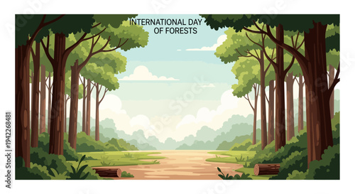 A vibrant illustration of a tropical rainforest on International Day of Forests, featuring a character and trees along a pathway with a blue sky background.