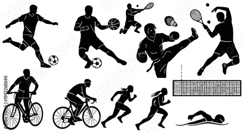 Collection of Black-and-White Silhouette Graphics Featuring Soccer, Basketball, Tennis, Cycling, and Swimming Athlete Illustrations in Design Layout