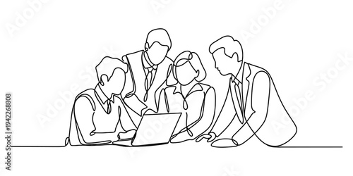Continuous line drawing of a group of business professionals collaborating over a laptop computer. Vector, illustration