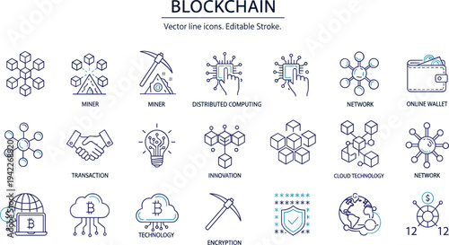 Vector line icons for blockchain technology cryptocurrency mining distributed computing encryption online wallet and digital cloud network