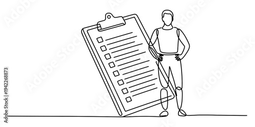 Continuous line drawing of a man standing next to a giant clipboard with a checklist on it. Vector, illustration