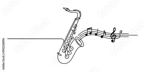 Minimalist line art illustration of a saxophone with musical notes flowing from the bell Vector, illustration
