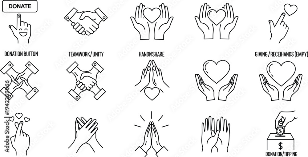 Obraz premium Vector line icons for charity donations digital giving teamwork unity compassionate support and non-profit community engagement services