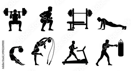 Diverse Black Silhouettes of People Engaging in Fitness Exercises Arranged in a Dynamic 3x3 Grid Conveying Energy and Movement