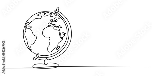 Continuous line drawing of a world globe on a stand showing continents of africa and europe. Vector, illustration