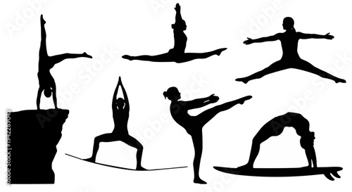 Cliff Standing, Cross-Legged, Split, Extended Leg, Headstand, Forward Bend