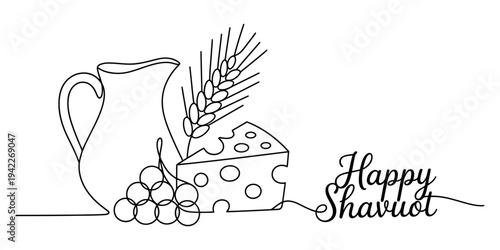 One line art illustration of traditional foods for shavuot holiday including milk cheese and wheat Vector, illustration