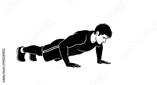 Black-and-white illustration of a man in center facing right performing a push-up with bent elbows and straight body against solid white background depicting exercise in graphic style