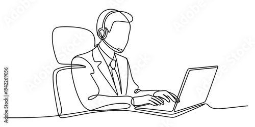 Continuous line drawing of a customer service representative working on a laptop with a headset Vector, illustration