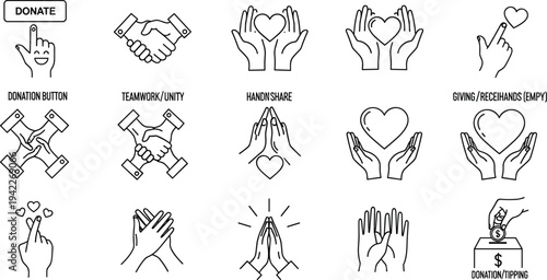 Vector line icons for charity donations digital giving teamwork unity compassionate support and non-profit community engagement services