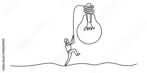 Continuous line art illustration of a man pulling a large light bulb symbolizing creative effort. Vector, illustration