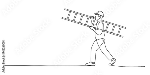 A line drawing of a construction worker wearing a hard hat and carrying a long ladder on his shoulder. Vector, illustration
