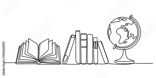 Continuous line drawing of an open book, a stack of books, and a world globe on a white background. Vector, illustration