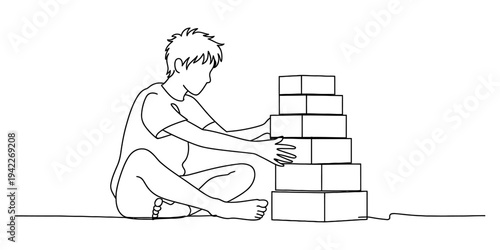 A simple line drawing of a young boy sitting on the floor and building a tall tower of blocks. Vector, illustration