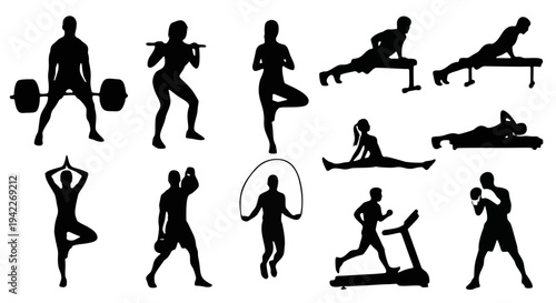 Three Rows of 12 Black Silhouettes Showing Diverse Physical Activities by People Engaged in Weightlifting, Hulahooping, Balancing, Backbends, and Boxing on a White Background
