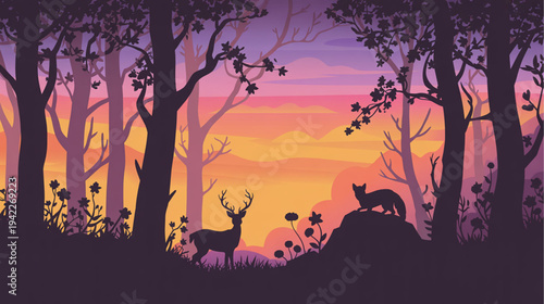 Vector forest landscape silhouette with deer and wolf at sunset isolated on White Background