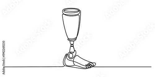Continuous line drawing of a prosthetic leg with a socket and foot on a plain background. Vector, illustration