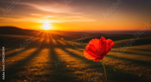 A vibrant red poppy flower stands out against a golden sunset, casting a warm glow over a field of green grass.