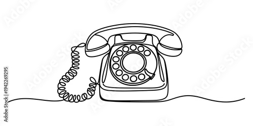 Continuous line drawing of a classic vintage rotary telephone on a white background. Vector, illustration