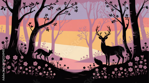 Vector illustration of deer in forest at sunset, colorful silhouette isolated on White Background
