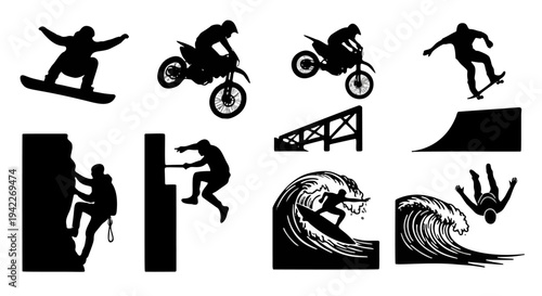 Surfer, Motorcyclist, Skateboarder, Climber, Skier in Dynamic Motion on White Background