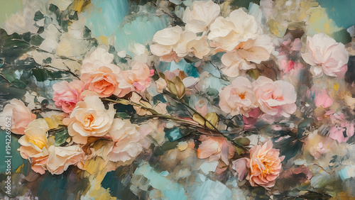 An abstract oil painting of a flower bouquet.