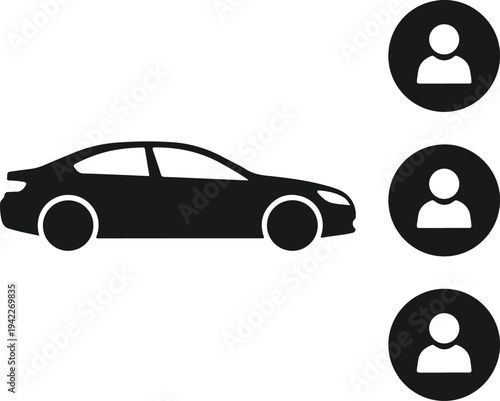 Modern car silhouette, passenger vehicle, transportation icon, driver symbol, people icon, three people icons