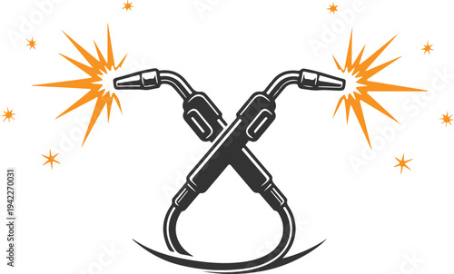 Crossed welding torches with orange spark bursts and stars for industrial logo design vector illustration on dark grey background for trade