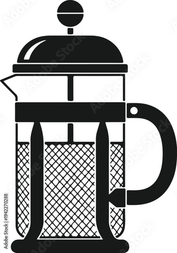 French press coffee maker vector illustration in black silhouette on a transparent background grid pattern