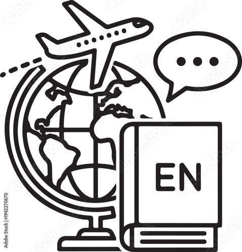 Globe with airplane and English language book for travel and learning education communication international business study abroad translation