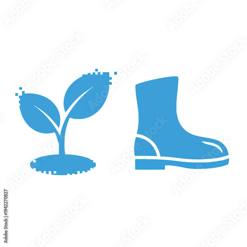 Illustration of blue icons of plant and boot for gardening or agriculture concepts vector